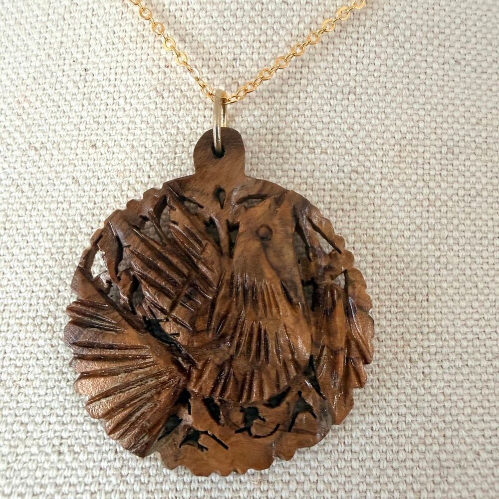 Vintage Hand Carved Wood Bird Pendant Necklace